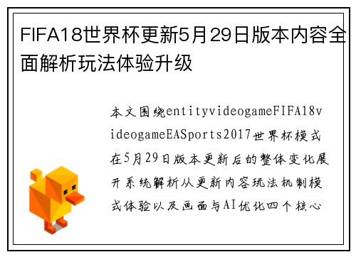 FIFA18世界杯更新5月29日版本内容全面解析玩法体验升级 FIFA18世界杯更新5月29日版本内容全面解析玩法体验升级